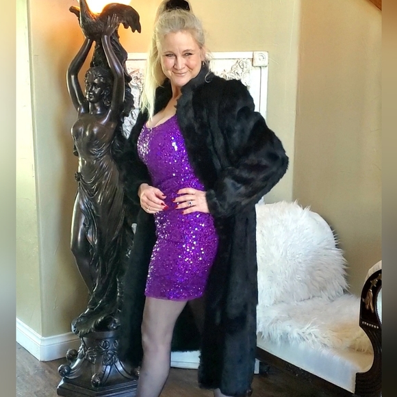 Black, long, Ultra Soft Rabbit Fur Coat with Tuxedo Collar - Picture 5 of 17